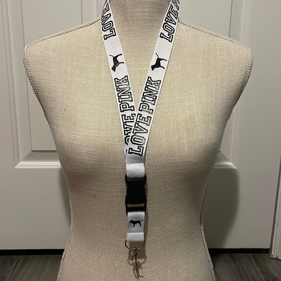 PINK Victoria's Secret Accessories - LOVE PINK Lanyard (Black Lettering/White Lanyard) *ADD POM POM FOR $2*